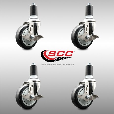 Service Caster 4 Inch 316SS Black Poly Swivel 1-5/8 Inch Expanding Stem Caster Set Brake SCC SCC-SS316EX20S414-PPUB-BLK-TLB-158-4